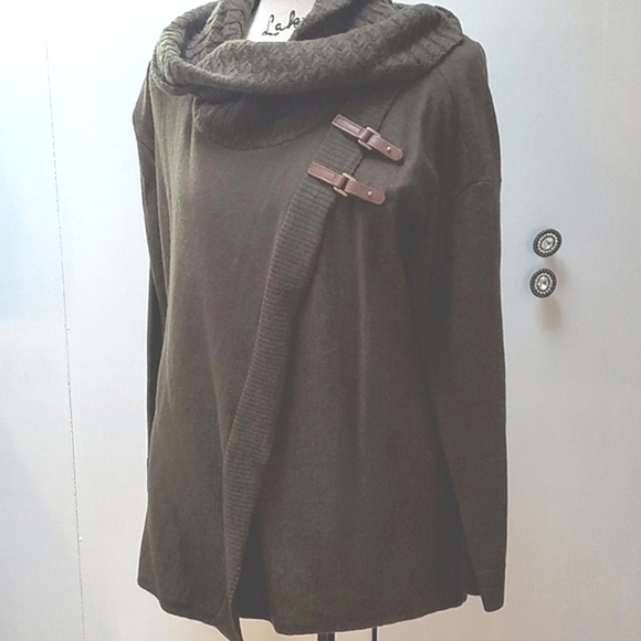 Green 100% Merino Wool Poncho sweater Neutral WARM COZY knit Sz.S/M - Picture 4 of 8